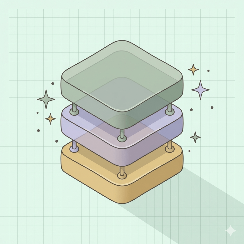 Isometric illustration of three stacked translucent layers in green, lavender and gold, representing Effect's three-channel type Effect<A, E, R>: the statically typed success value, the exhaustive error channel, and the requirements provided by Layer